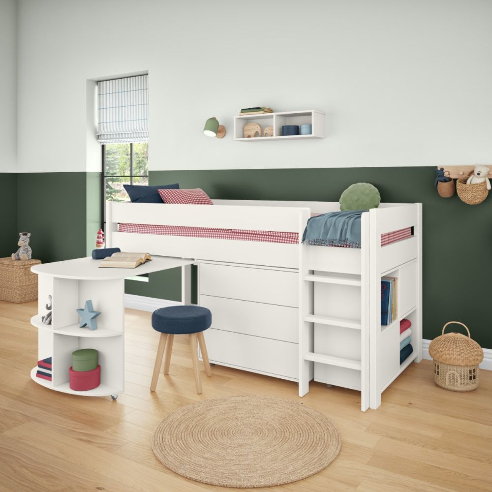 Mid sleeper bed featuring desk and storage furniture