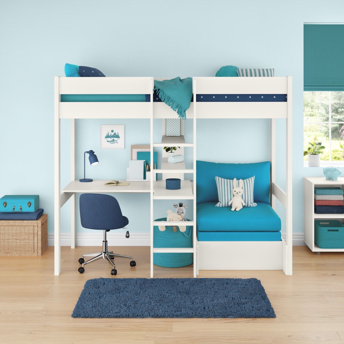 White high sleeper bed with fixed desk, integrated shelving and a pull out chair bed with aque blue cushions set