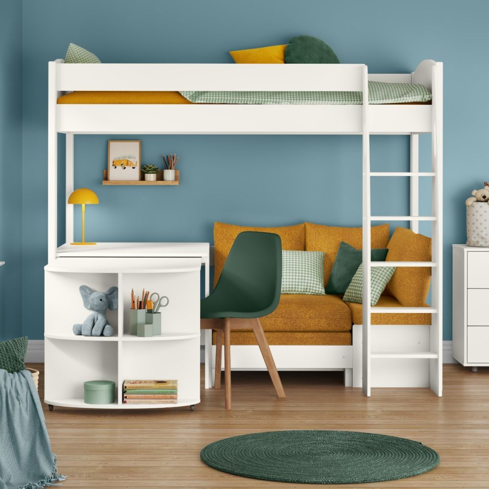 White Uno S High Sleeper with fixed desk, pull-out desk and Mustard yellow sofa bed that converts into a sleepover bed