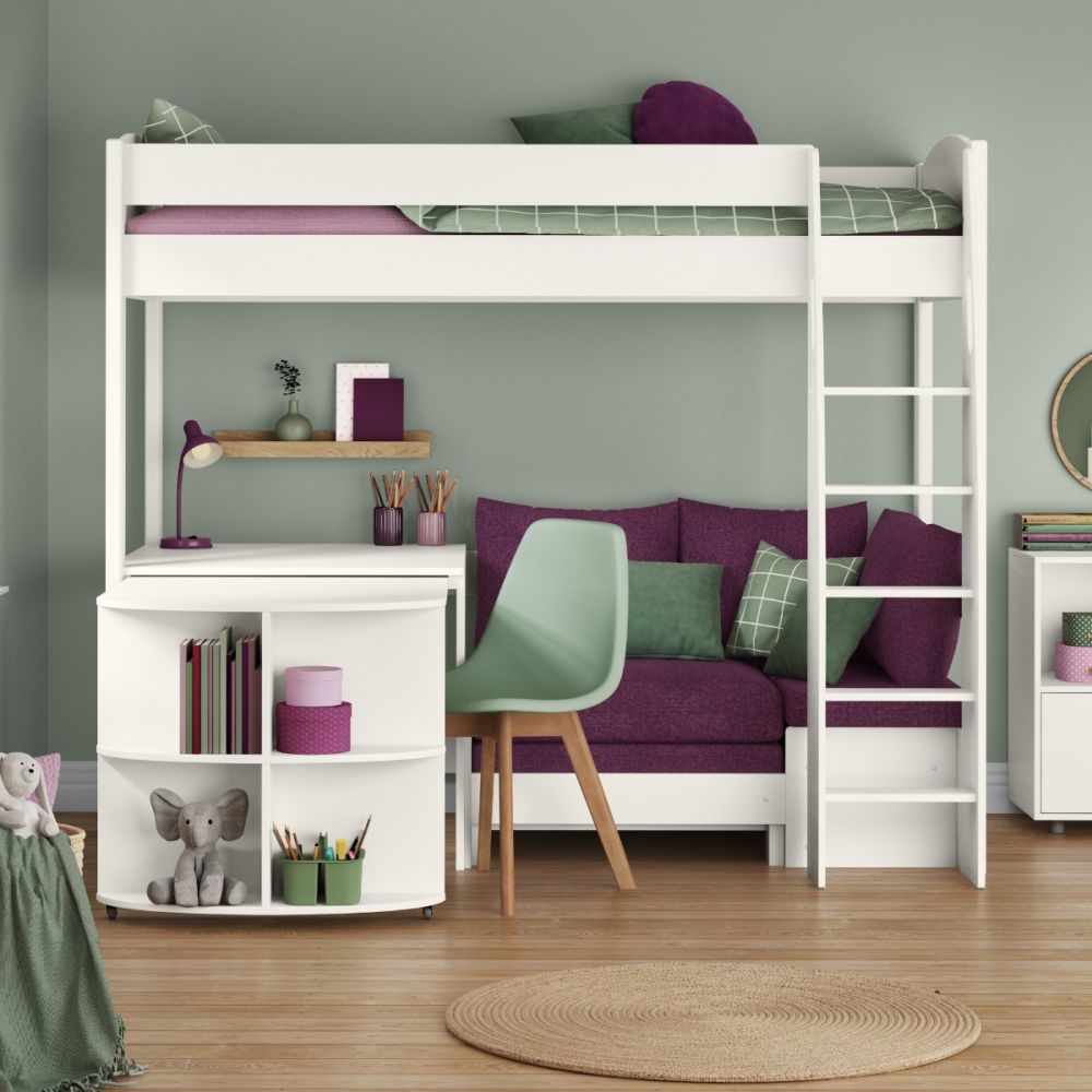 White high sleeper bed with fixed desk, pull out desk and purple heather sofa bed that converts to a sleepover bed