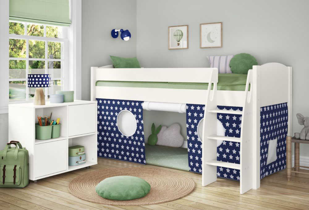 White mid sleeper bed featuring a dark blue tent with white stars under the bed