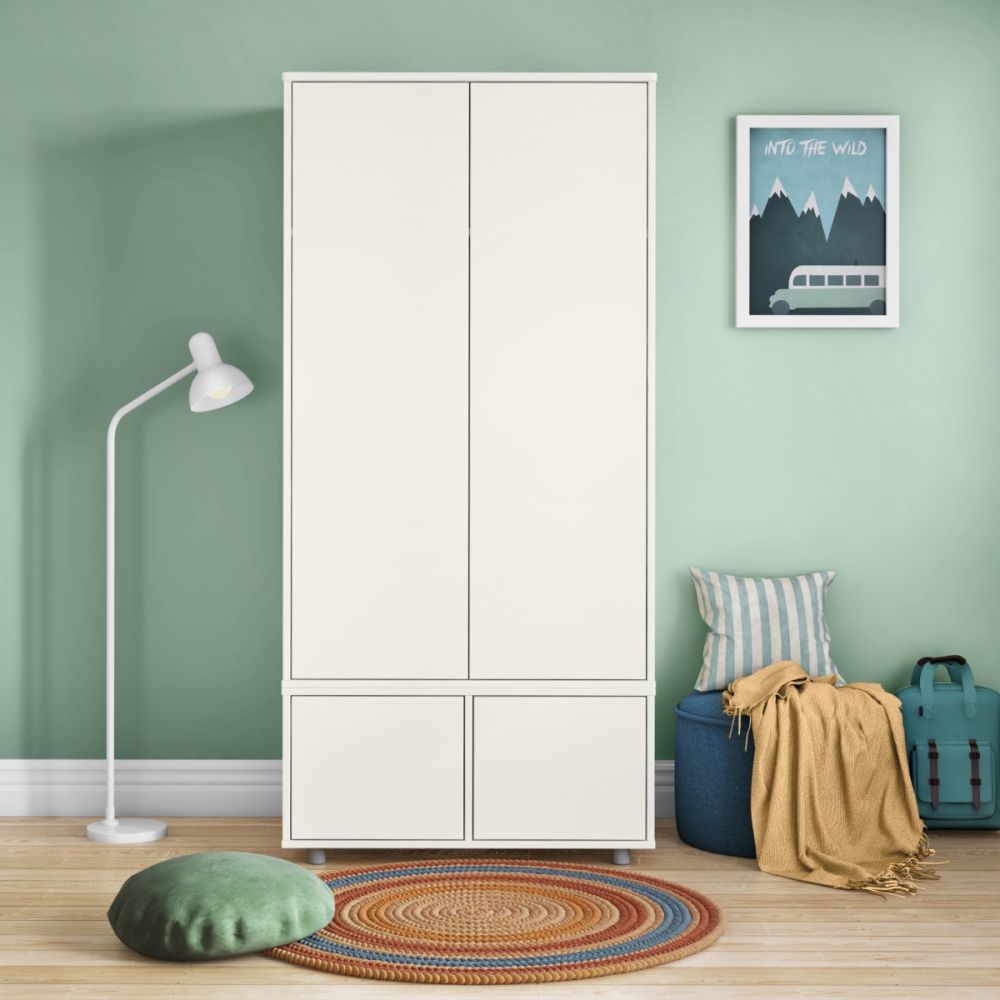 Full height white wooden wardrobe with 2 doors and 2 storage compartments under the doors.